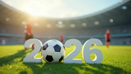 Numbers 2026 with a soccer ball and football players on the stadium field, sports event concept, sports brands, teamwork, competitions and championship promotions. - Powered by Adobe