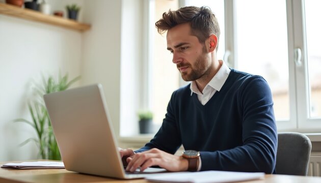Young man working on laptop at home office desk near window. Adult male typing on computer keyboard. Businessman in casual clothes using laptop wirelessly. Man sitting at table with papers in modern - Powered by Adobe