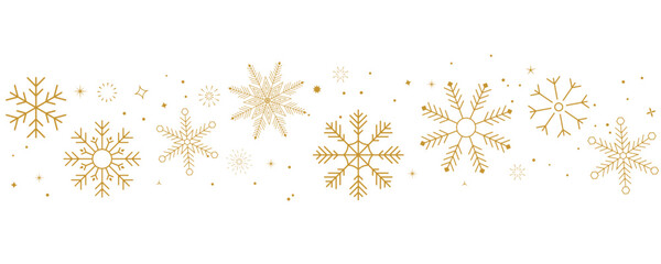 Christmas border with wave gold snowflakes and star, happy new year holiday banner, greeting card decoration pattern, minimal festive design element. Vector illustration.