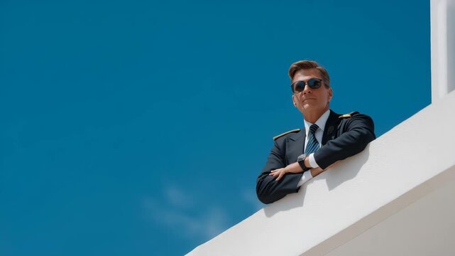 Bodyguard standing at the edge of a rooftop event, scanning surroundings through polarized glasses, symbolizing silent vigilance, security awareness, and the emotional balance between calm and