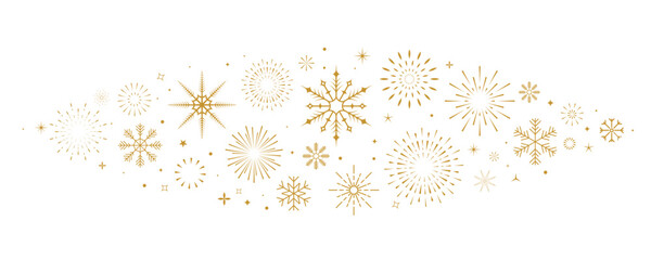 Christmas border, new year holidays banner with gold winter snowflakes and stars. Elegant festive decoration pattern design for greeting cards, celebration events. Vector illustration.