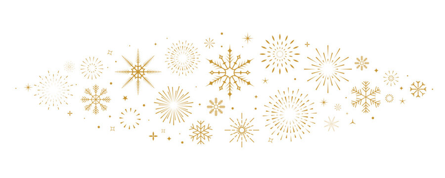 Christmas border, new year holidays banner with gold winter snowflakes and stars. Elegant festive decoration pattern design for greeting cards, celebration events. Vector illustration.