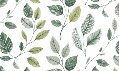 This elegant pattern features various leaves in shades of green, perfect for backgrounds and designs, conveying a sense of nature and tranquility in modern art.
