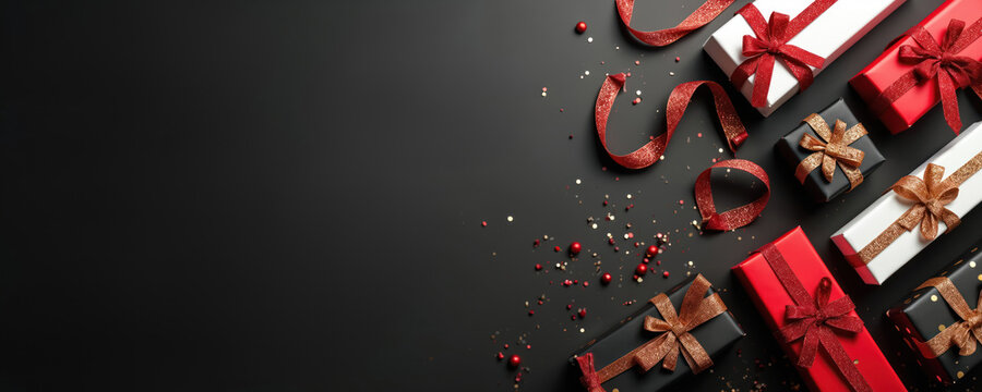 Gift boxes with red and gold ribbons and glitter on dark background. Holiday presents with sparkly wrap and confetti. Festive surprise parcels ready for celebration.
