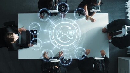 A dynamic group of professionals collaborates on a strategy session, utilizing AI technology and digital analytics to enhance decision-making and innovative thinking. Raster - Powered by Adobe