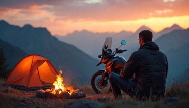 Man sits by campfire near tent and motorcycle at mountain sunset. He enjoys peaceful solo trip with outdoor gear. Traveler rests after long ride exploring nature, contemplating wilderness horizon. - Powered by Adobe