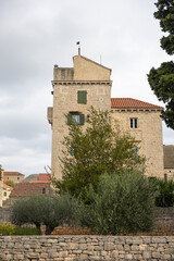 Historic Stone Tower House With Croatian Flag Overlooking Quiet Town Square, Grohote, Solta