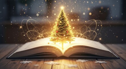 Magical Christmas Tree Growing from an Open Book