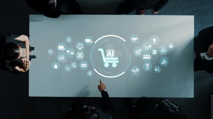 A modern workspace featuring a digital interface that represents AI in e-commerce, surrounded by business professionals engaged in a strategic discussion. Raster - Powered by Adobe