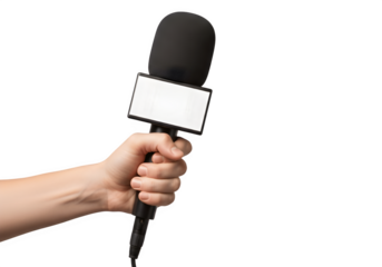 “Hand Holding Reporter’s Microphone with Blank Flag Isolated on Transparent Background PNG – High-Quality Media Graphic”