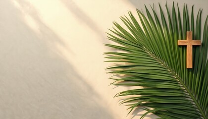 Wooden Christian cross rests on green palm leaf. Symbols of faith hope peace. Background light beige surface with sun shadows. Simple elegant composition.