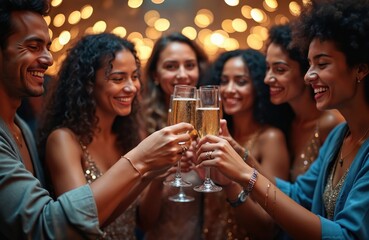 Diverse group of friends clink champagne glasses during a festive celebration. People enjoy sparkling wine and happy moments at a party with bokeh lights.