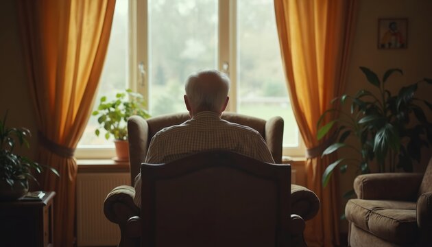 Elderly man sits in armchair, looking out window, lost in thought, reflecting. Alone at home, observing outside world passing by. Man seems reflective, pondering life, feeling lonely indoors. Quiet