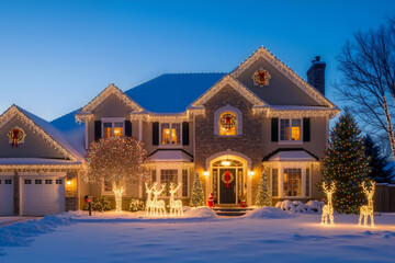 Large house decorated with festive Christmas lights and snow at dusk banner with copy space