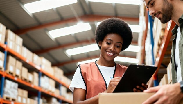 Smiling female worker checking inventory on a clipboard in a large warehouse. Colleagues collaborating on logistics and supply chain management - Powered by Adobe