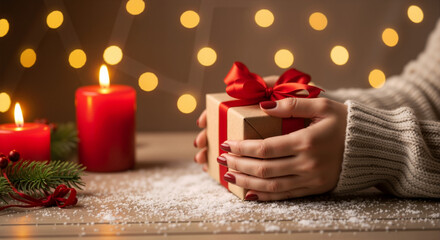 Woman's hands in cozy sweater holding Christmas gift box with red ribbon on snowy table with candles and bokeh lights. Holiday season celebration and festive gifting, banner with copy space