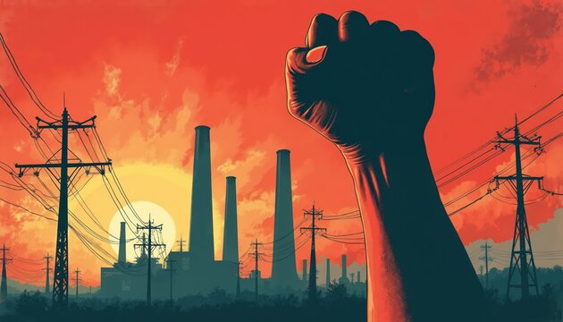 Raised fist revolution in vintage propaganda poster. Industrial factory power plant silhouette at red sunset. Concept shows workers strike, labor protest, union solidarity, powerful activism, energy