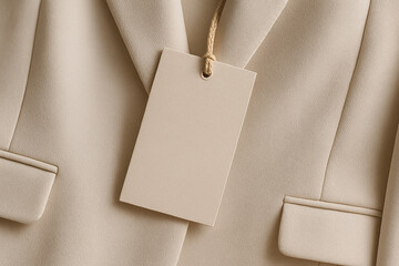 Minimal beige tag hanging on a light tan blazer, creating a refined and luxurious fashion composition. Perfect for branding mockups, clothing label presentations