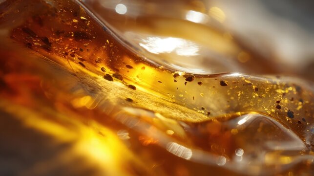 A vibrant piece of amber resin glows in the sunlight, revealing intricate patterns and textures. The warm tones highlight its natural formations and tiny particles within.