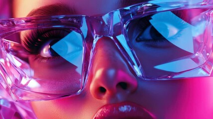 A pair of vibrant pink glasses with a glittery, crystal-like texture reflecting colorful light. These unique eyewear pieces are trendy fashion accessories that combine style and function.
