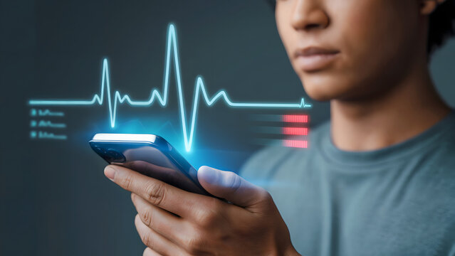 Man using smartphone with holographic heartbeat, EKG health app, futuristic medical technology, heart rate monitor, digital wellness concept.