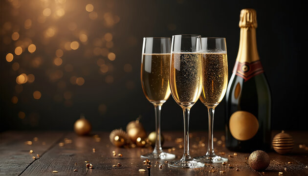 Three champagne glasses with bubbles, bottle stand on wooden table. Golden ornaments, confetti glitter around, with bokeh lights in background. Celebrate special occasions like New Year, holidays