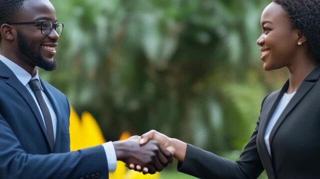 Friendly handshake between two individuals in formal wear at a professional event.