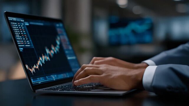 Financial advisor using virtual assistant to track investments and manage portfolios, symbolizing fintech innovation, smart analytics, and AI-driven decision-making in modern finance. cinematic