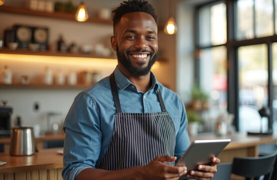 Smiling African man barista owner holds digital tablet in modern coffee shop. Manages small business cafe with tech solutions. Entrepreneur works at trendy restaurant, providing excellent service to