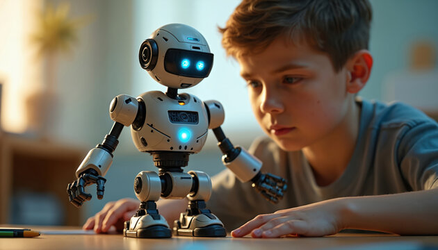 Young boy works with robot toy. Child repairs or tests futuristic machine at table. Student studies robotic science engineering at home. Future tech occupation innovation skills development concept.