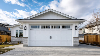 Completed garage door installation at suburban home. Wide exterior view of a freshly installed garage door, driveway clean and bathed in soft daylight. The natural reflections and