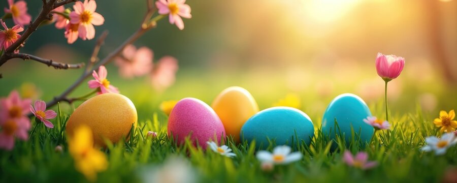 Colorful Easter eggs rest on green grass near blooming pink flowers and delicate blossoms. Warm sun shines through garden branches. Nature awakens with vibrant colors and springtime joy.
