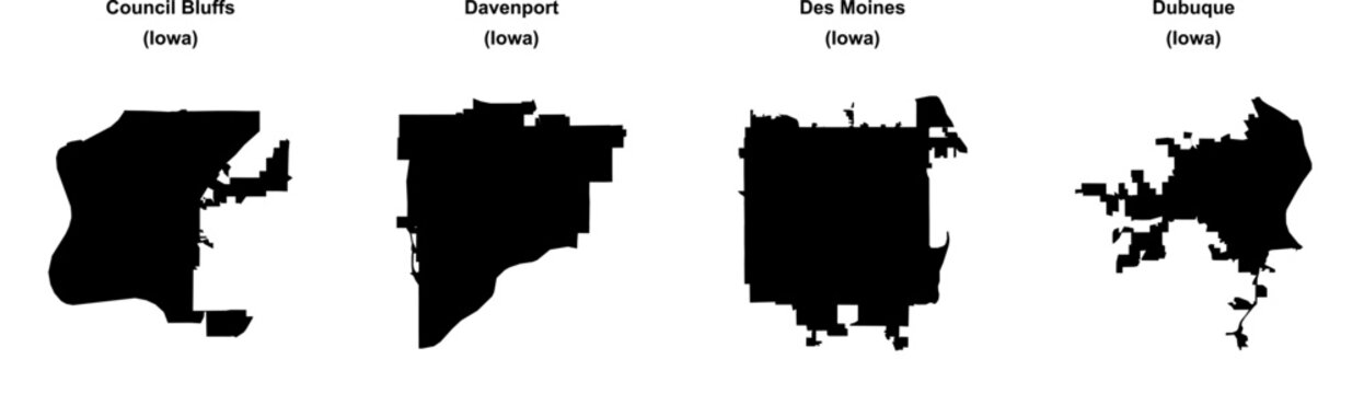 Council Bluffs, Davenport, Des Moines, Dubuque outline maps
