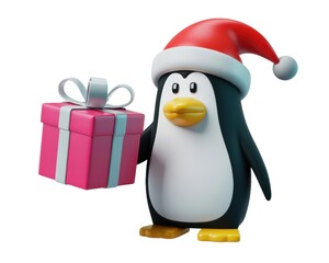 Fototapeta premium A cartoon penguin wearing a santa hat holding a pink gift box with a white ribbon on a white background