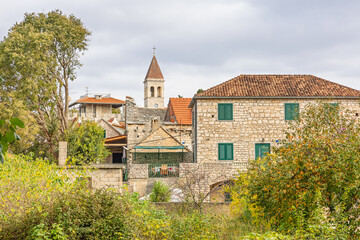 Traditional Stone Village With Church Tower Against a Clear Blue Sky, Grohote, Solta