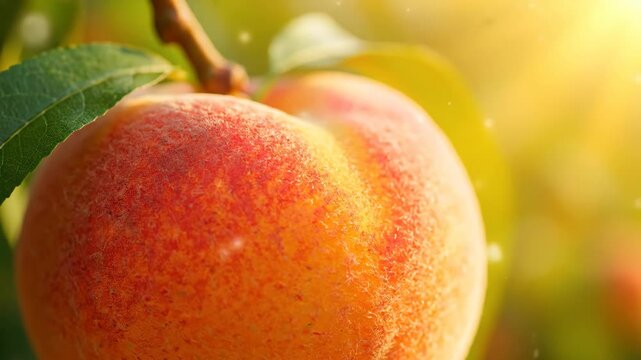 Close up of a fresh ripe peach on a tree branch in warm sunlight.
