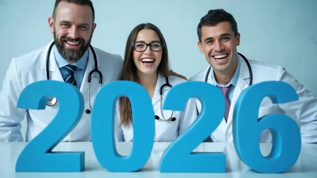 Blue 2026 numbers in foreground with row of smiling doctors in white coats. Healthcare concept of medical brands and new year promotions.