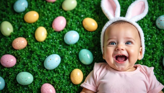 Joyful baby with bunny ears lies on green grass amongst colorful Easter eggs. Happy infant celebrates spring holiday with bright eyes and wide smile. Cheerful kid enjoys festival fun outdoors.