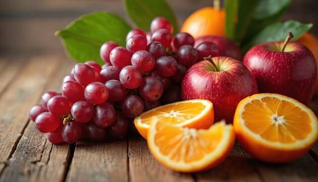 Red apples, ripe grapes, and juicy orange slices rest on a rustic wooden table. This vibrant arrangement suggests healthy eating, natural produce, and farm fresh goodness for your design needs.