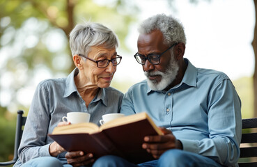 Elderly interracial couple reads book together outdoors. Woman and man with glasses share coffee cups, enjoying quiet time on park bench. Togetherness, learning, and retirement lifestyle.
