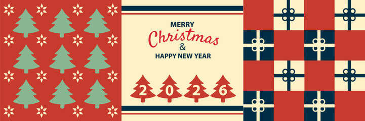 Festive Merry Christmas and Happy New Year 2026 greeting card with seamless patterns of Christmas trees, stars and gift boxes. Perfect winter design for postcards, wrapping paper and invitations.