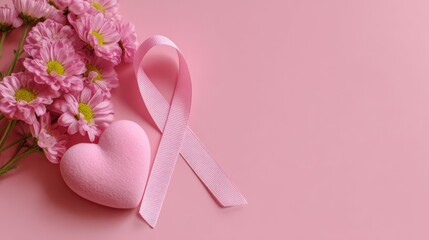 Pink ribbon, heart and flower on pink background. Breast cancer awareness month and support for female health. Medical campaign for oncology.
