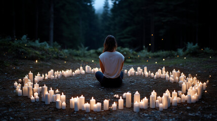 Faceless woman seated near a circle of candles, faint sparks rising, ethereal and quiet twilight forest mood, with copy space.