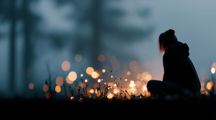 Faceless woman seated near a circle of candles, faint sparks rising, ethereal and quiet twilight forest mood, with copy space.