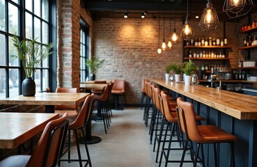 Obraz premium Empty modern cafe interior with industrial brick walls, wooden tables, and bar chairs. Bar counter features plants and bottles. Soft lighting creates a cozy atmosphere ideal for dining or drinks.