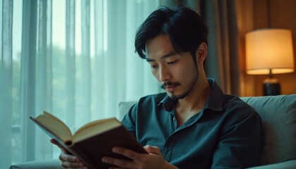Young Asian man sits on sofa reading book, focused on story. Enjoys quiet, calm moment alone in cozy modern room. Male student relaxes with novel at home, learning in evening light. Leisure person
