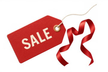 Sale price tag with red ribbon and white string offering special retail discount promotion on transparency