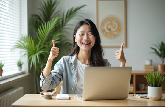 Young Asian woman celebrating success working from home office. Sits at desk with laptop, shows thumbs up, smiles. Woman enjoys work-life balance, flexible working hours in comfortable home workspace. - Powered by Adobe