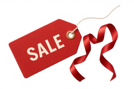 Sale price tag with red ribbon and white string offering special retail discount promotion on transparency