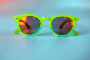 Colorful retro sunglasses with a neon green frame. Stylish summer fashion accessory on a vibrant background